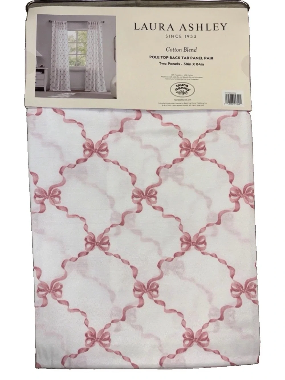 LAURA ASHLEY TRAILING BOW RIBBON PINK WINDOW PANEL PAIR 2 CURTAINS 38” 84”